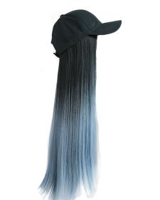 Black Baseball Cap with Grey Blue Long Straight Wig Mixed Color Synthetic Hair Extension Hat Wig Cap