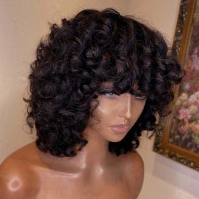 Rose Curly Fumi Human Hair Wig With Bangs Full Machine Made Deep Wave (Stretched Length: 6inches)